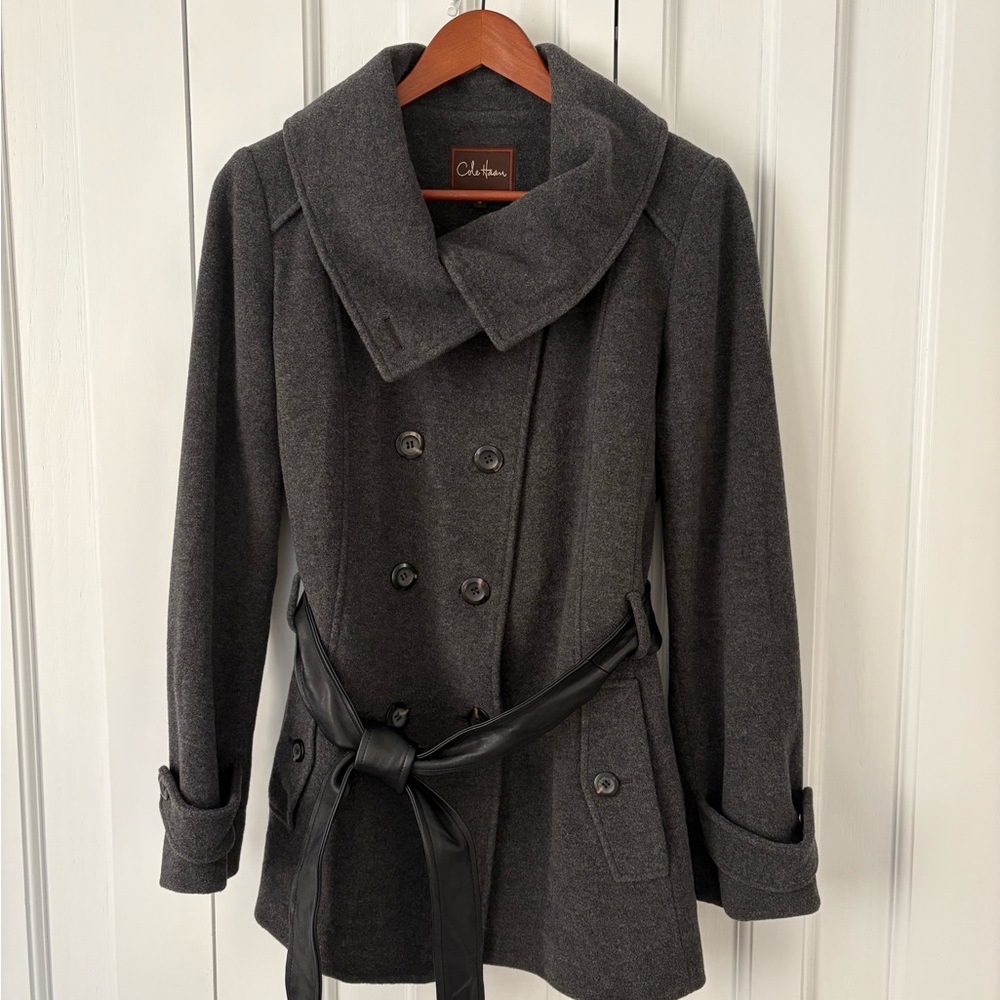 Cole Haan Women's dark gray wool Peacoat w real leather belt sz 8